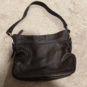 Dark brown genuine leather shoulder handbag. Gold hardware. 3 compartments.
